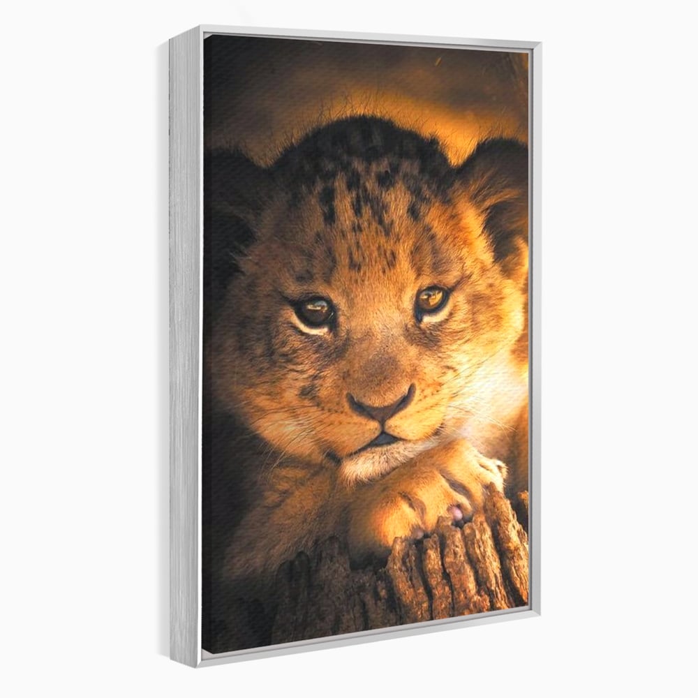 Tablou canvas cu tablou canvas cu portret de pui de leu, in rama de aluminiu argintiu